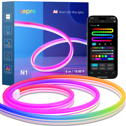 Lepro N1 AI Smart RGB Rope Lights for Christmas, Personalized AI Lighting Designer, LightBeats Music Sync, Color Segment DIY, Voice Control Via App, 9.84ft Wi-Fi & Bluetooth LED Strip Lights