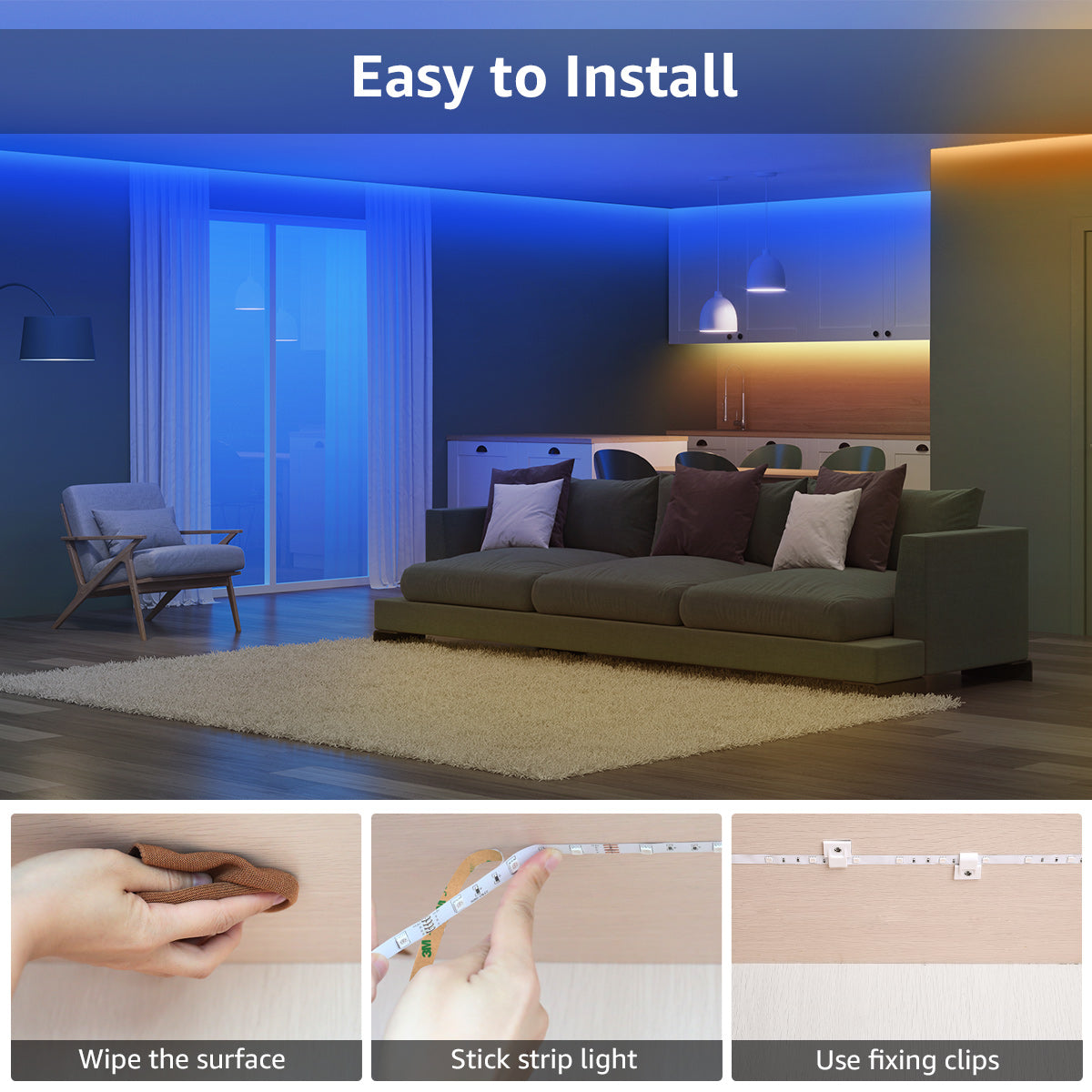 Lepro 49.2ft LED Lights for Bedroom,Sync to Music, 5050 SMD LEDs, RGB Color Changing + 6500K White LED Strips light with Remote, for Christmas Party Decor