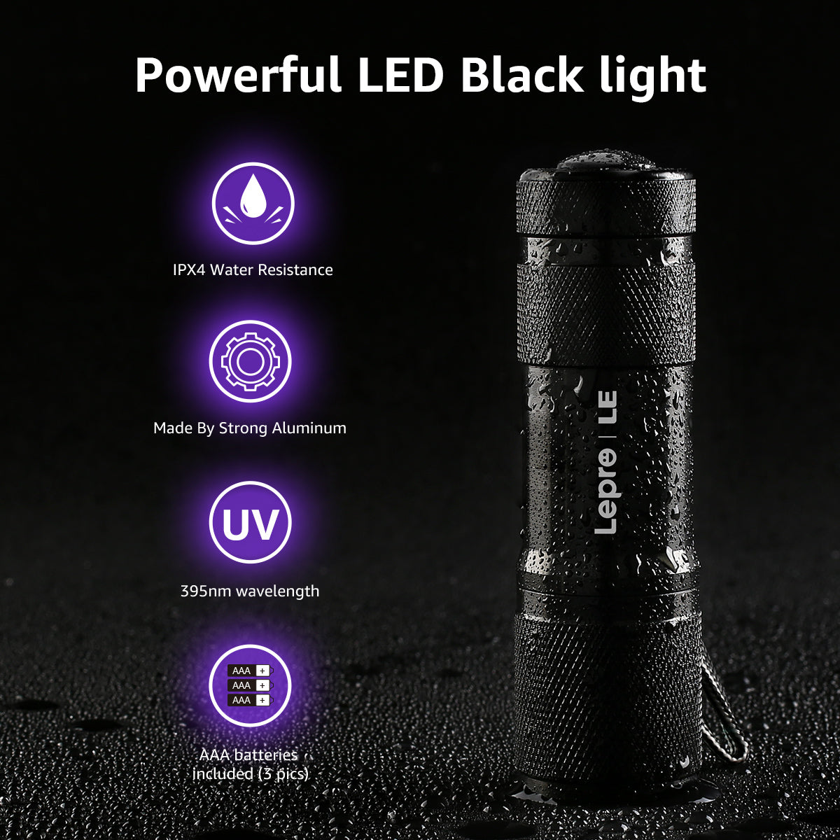 Lepro Small UV Flashlights with AAA Batteries , Portable Black Light Pet Urine Detectors with 9 LEDs 395nm Wavelength Specialize in Detect Pet Dog Cat Urine Stain and more