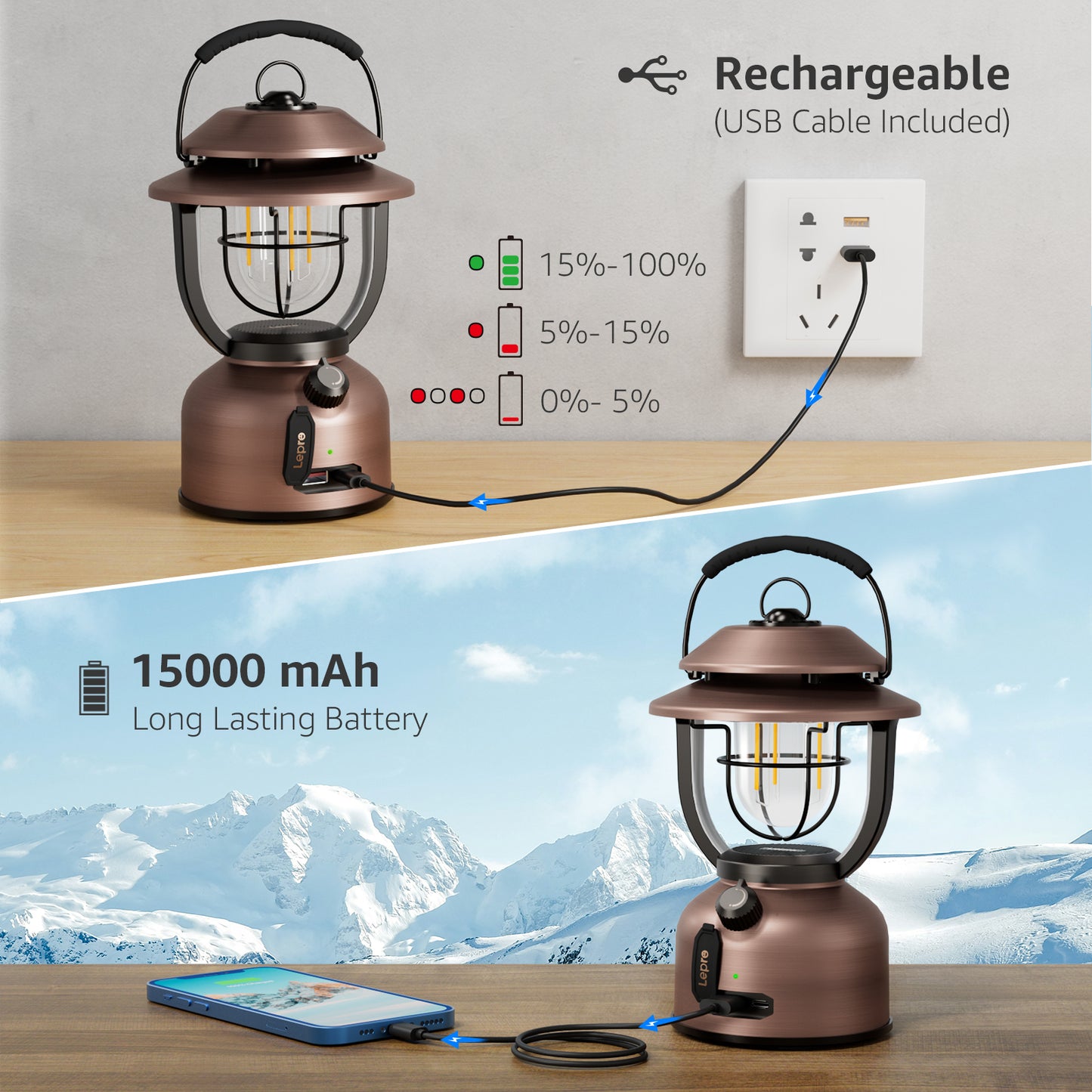 Lepro Retro Camping Lantern ,15000mAh Power Bank, 1000 Lumens, Dimmable, IPX4, w/ Type C Cable