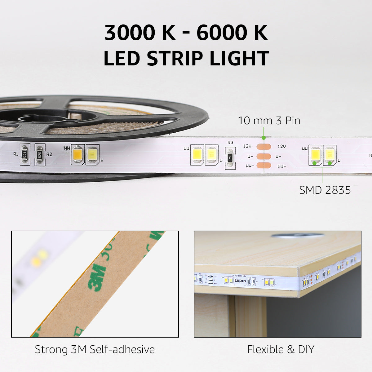 Lepro LED Strip Light, Tunable Warm to Cool White Tape Lights, 600pcs 2835 LEDs Bright Rope Lights Dimmable, Strong 3M Adhesive, Suitable for Christmas Decoration, Home & Bedroom Illumination