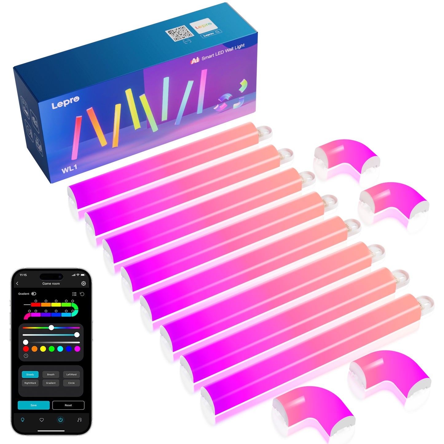 Lepro WL1 Smart Wall Light Bar, AI Lighting, Music Sync, Voice & App Control, Works with Alexa & Google, Modern Indoor Decor, 8 Pcs with Corners