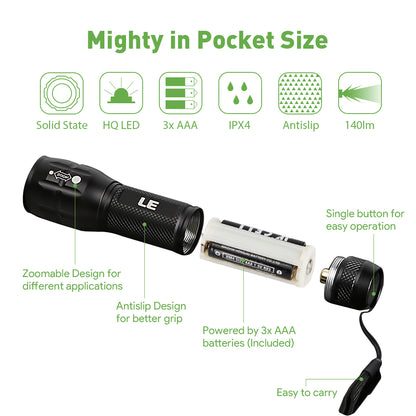 Lepro LED Flash Light LE1000 High Lumens, Mini Multifunction Tactical Flashlight , Zoomable, Waterproof for Camping, Outdoor, and Emergency Use (AAA Batteries Included)