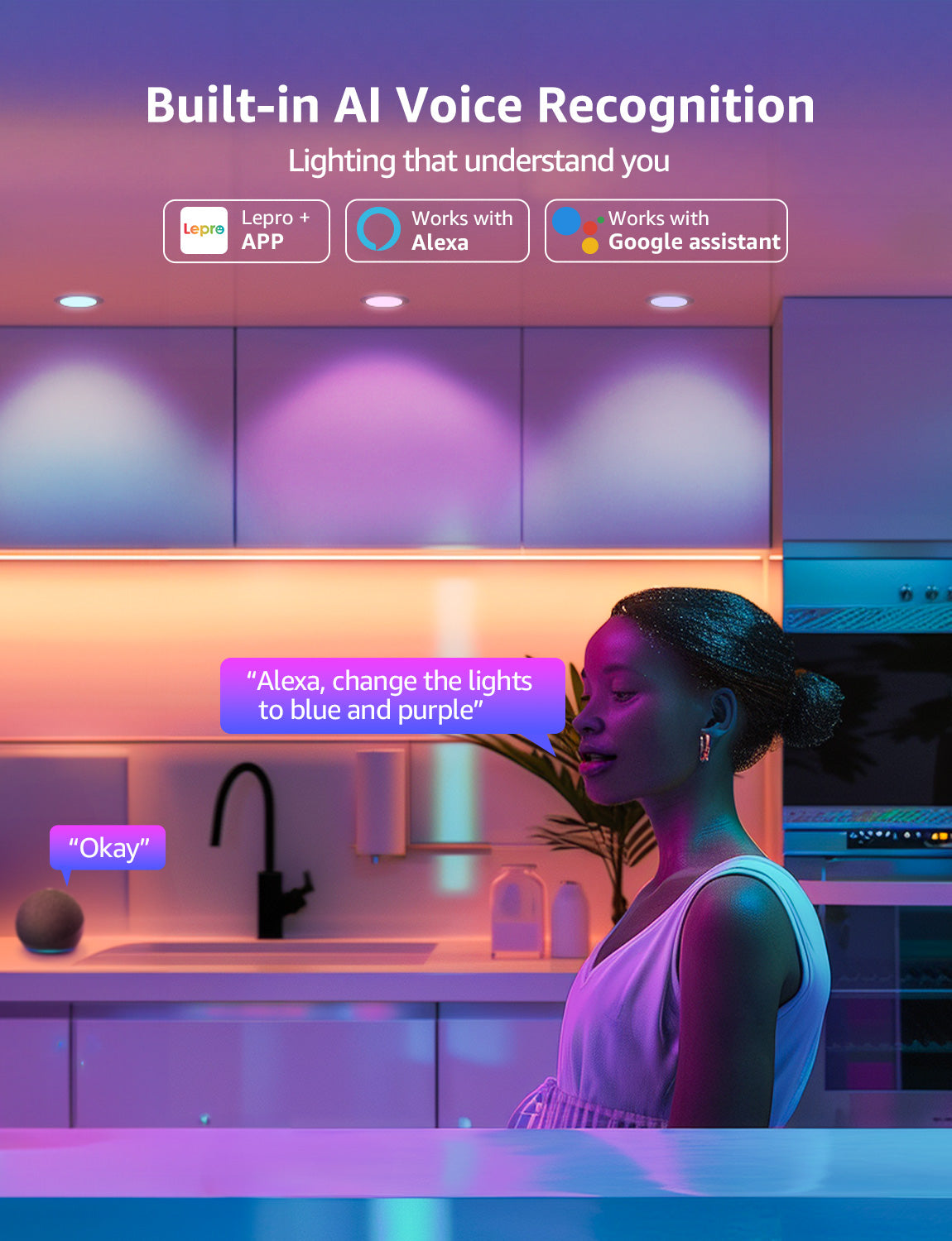 Lepro R2 6 inch LED Recessed Light - AI Lighting with Mood Recog. 12W 1050 Lumen Dimmable Wafer Lights RGBCW Sync with Music, Smart Canless Downlights Work Alexa & Google Assistant