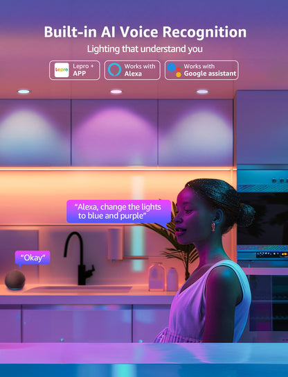 Lepro R2 6 inch LED Recessed Light - AI Lighting with Mood Recog. 12W 1050 Lumen Dimmable Wafer Lights RGBCW Sync with Music, Smart Canless Downlights Work Alexa & Google Assistant