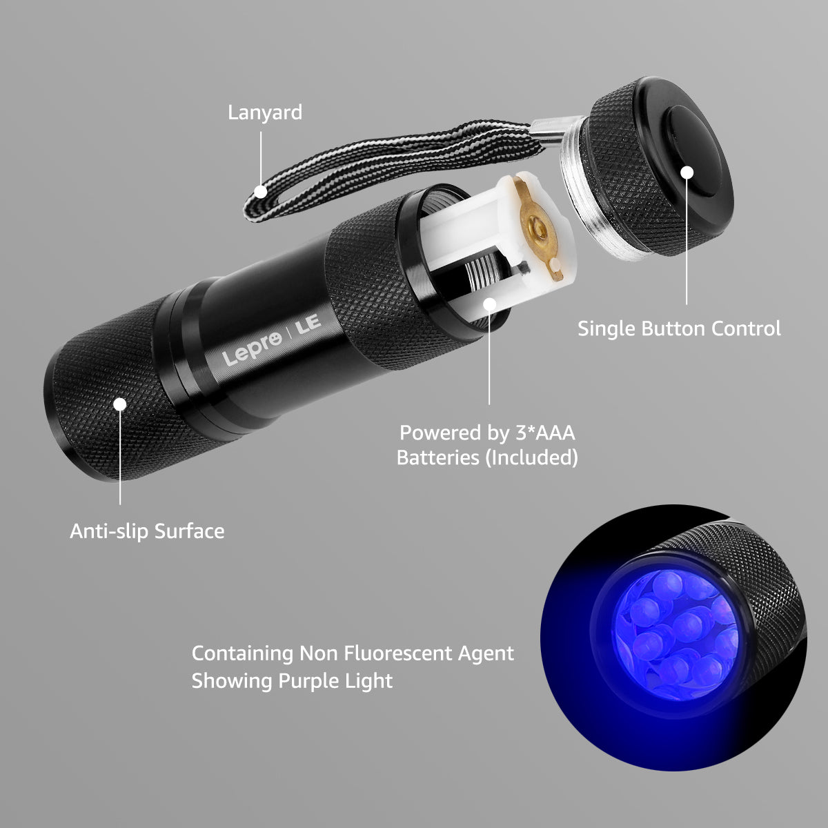 Lepro Small UV Flashlights with AAA Batteries , Portable Black Light Pet Urine Detectors with 9 LEDs 395nm Wavelength Specialize in Detect Pet Dog Cat Urine Stain and more