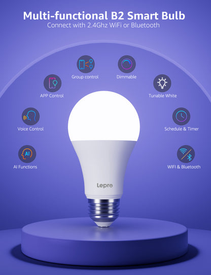 Lepro B2 AI LED Light Bulbs, RGBww Color Changing, 1100 Lumens, Voice Control, Music Sync, Wi-Fi and Bluetooth, Works with Alexa and Google