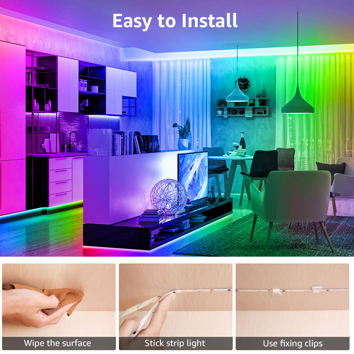 Lepro 16.4ft Music Sync LED Strip Lights for Bedroom, Upgrade 5050 RGB Waterproof Tape Lights with Remote, MagicColor for Christmas Decor