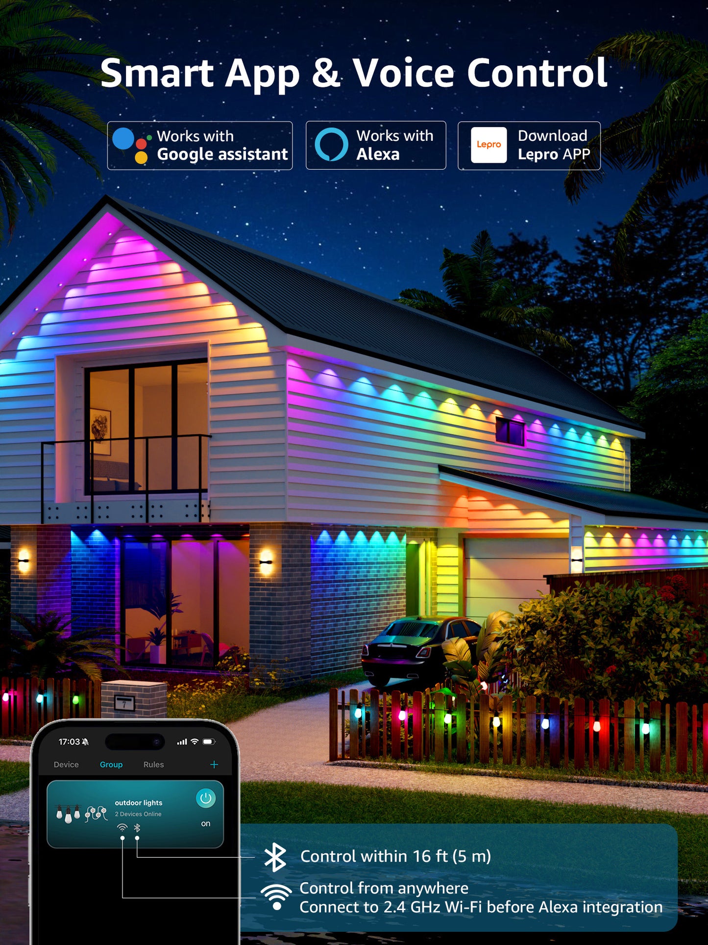 Lepro E1 AI Permanent Outdoor Lights, Smart RGB+IC Color Changing LED Eaves Lights APP Control Work with Alexa&Google Assistant (2.4 GHz WiFi), Waterproof for House, Halloween Christmas Decor