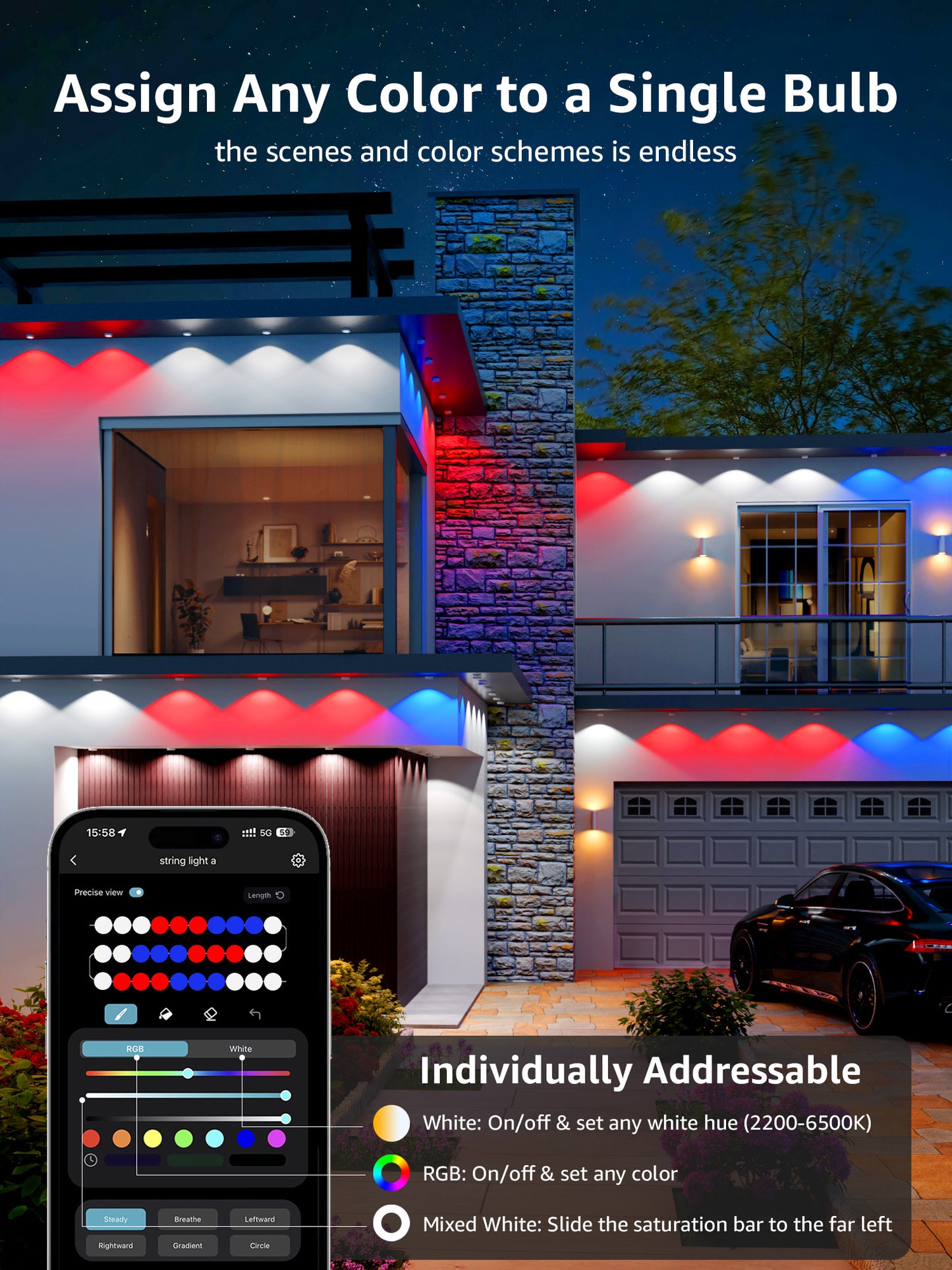 Lepro E1 AI Permanent Outdoor Lights, Smart RGB+IC Color Changing LED Eaves Lights APP Control Work with Alexa&Google Assistant (2.4 GHz WiFi), Waterproof for House, Halloween Christmas Decor