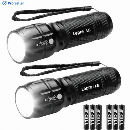LE 2-Packs LED Flash Light LE1000 High Lumens, Mini Multifunction Tactical Flashlight , Zoomable, Waterproof, Adjustable Brightness, for Camping, Outdoor and Emergency Use (AAA Batteries Included)
