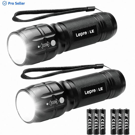 LE 2-Packs LED Flash Light LE1000 High Lumens, Mini Multifunction Tactical Flashlight , Zoomable, Waterproof, Adjustable Brightness, for Camping, Outdoor and Emergency Use (AAA Batteries Included)