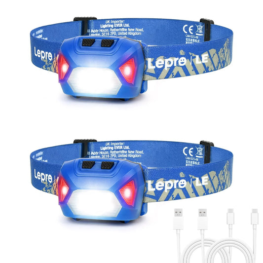LE Blue 2-Pack Headlamps Rechargeable 2000Lux Super Bright, LED Head Lamp with 6 Modes for Camping & Hiking Gear Essentials, IPX4 Waterproof Flashlights with Adjustable Headband,USB Cable Included