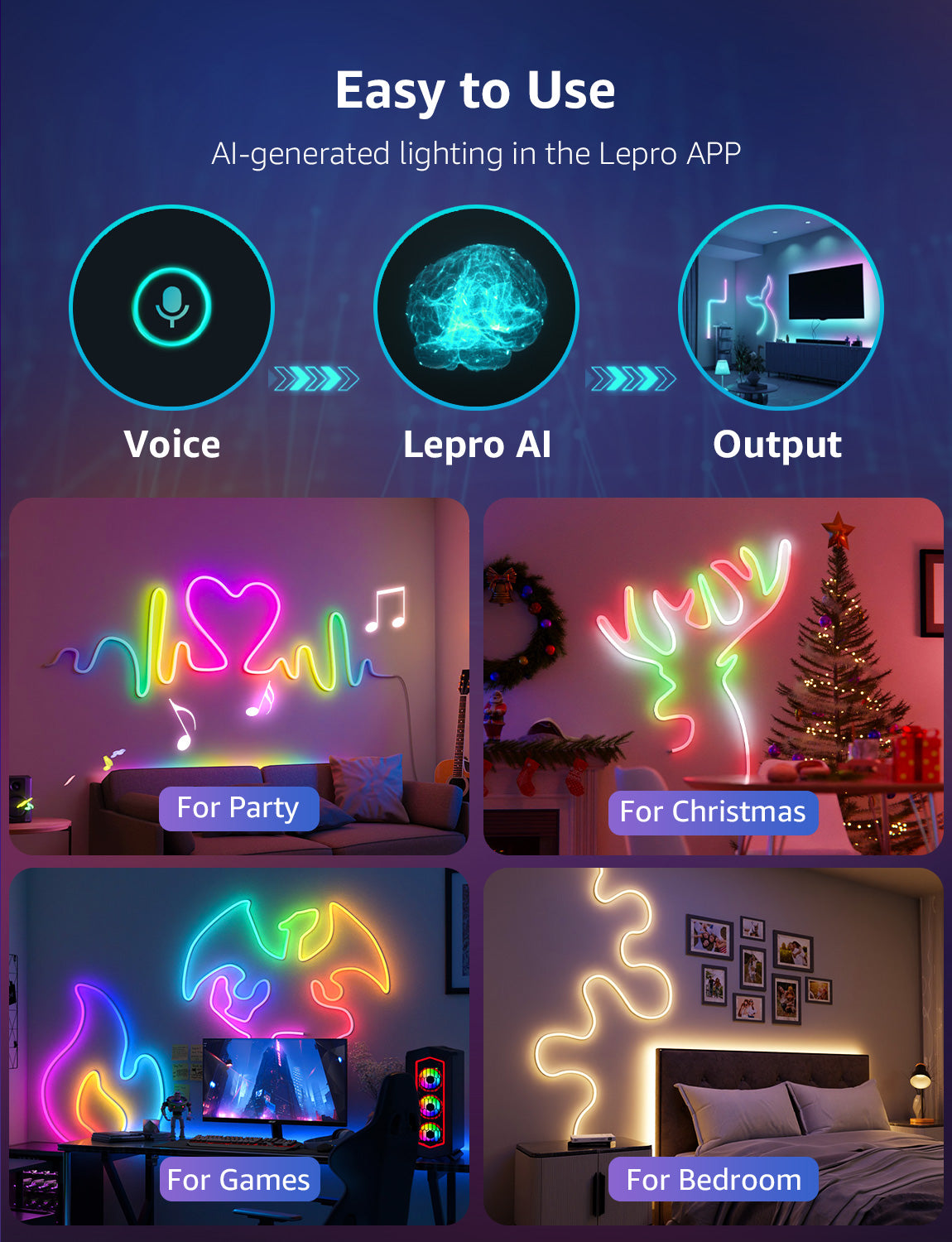 Lepro N1 AI Smart RGB Rope Lights for Christmas, Personalized AI Lighting Designer, LightBeats Music Sync, Color Segment DIY, Voice Control Via App, 9.84ft Wi-Fi & Bluetooth LED Strip Lights